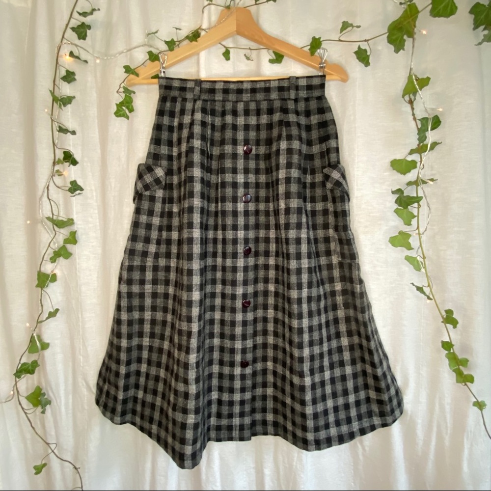 VNTG Plaid Check Gingham Wool Pleated Midi Skirt